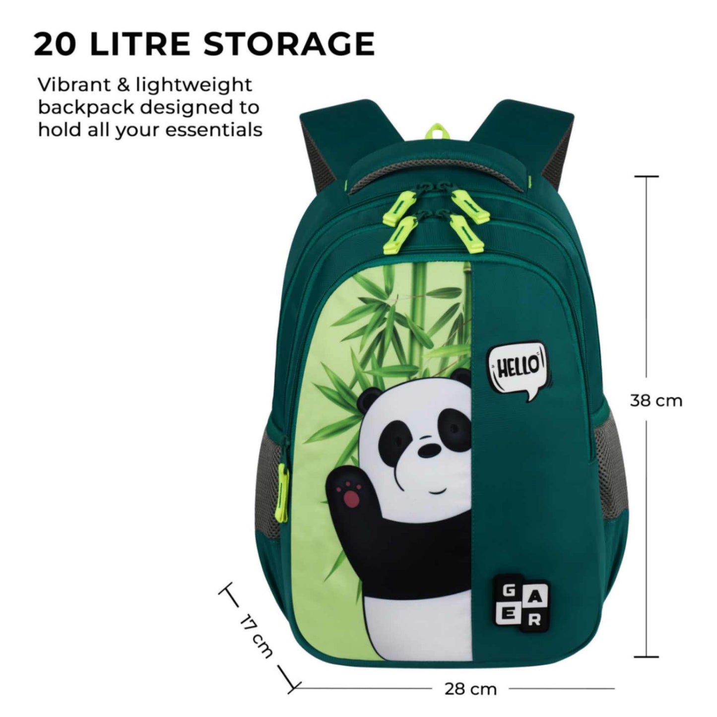 Gear Hello Panda 15"/20L Medium Water Resistant School Bag/Casual Backpack/Daypack/Travel Backpack/Kids Bag for Boys/Girls-Green || Lightweight, Comfortable & Functional