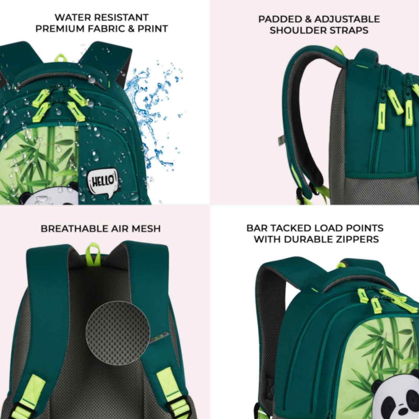 Gear Hello Panda 15"/20L Medium Water Resistant School Bag/Casual Backpack/Daypack/Travel Backpack/Kids Bag for Boys/Girls-Green || Lightweight, Comfortable & Functional
