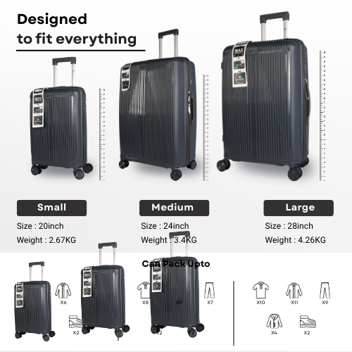 Bencardo Taraa 3Pc Lightweight Trolley Luggage Set – Cabin, Medium & Large