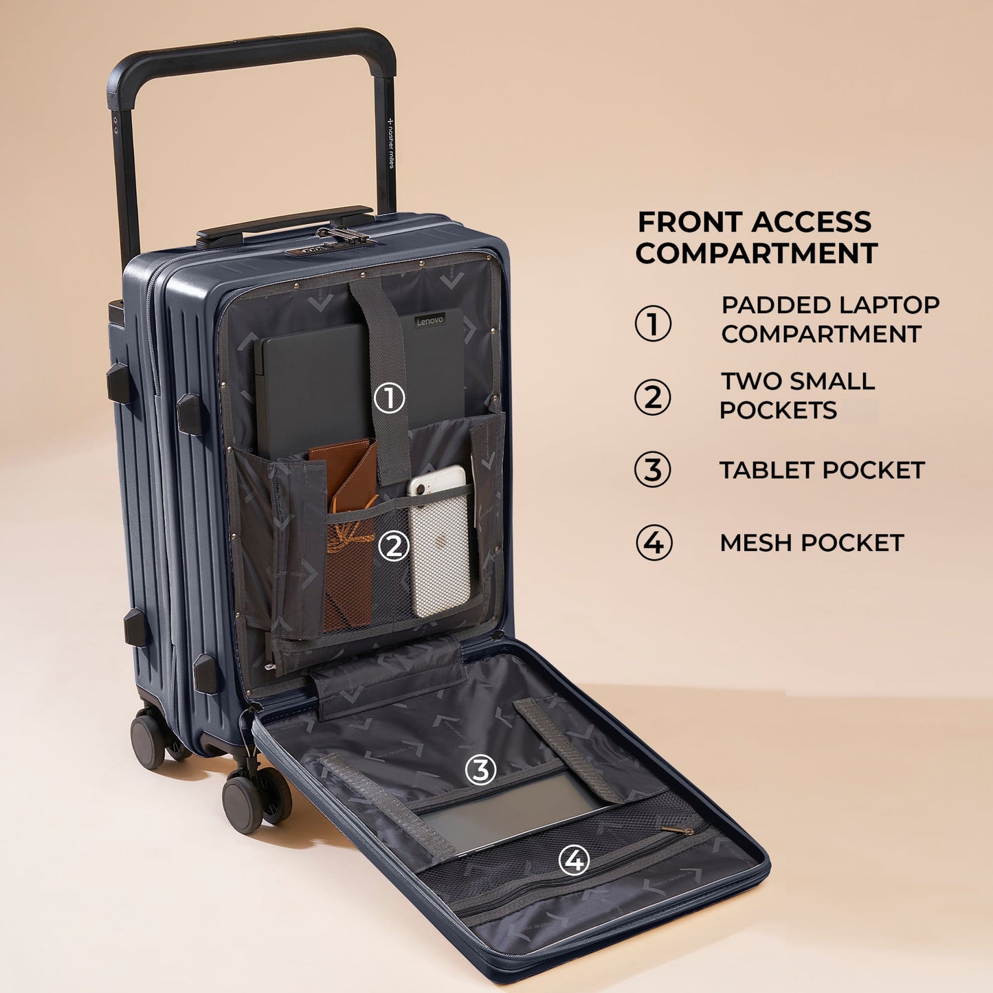 Nasher Miles Silicon Valley Hard-Sided Polycarbonate Cabin Wide Telescopic Handle 8 Spinner Wheels Luggage with Laptop Compartment Black 20 Inch |55Cm Trolley Bag