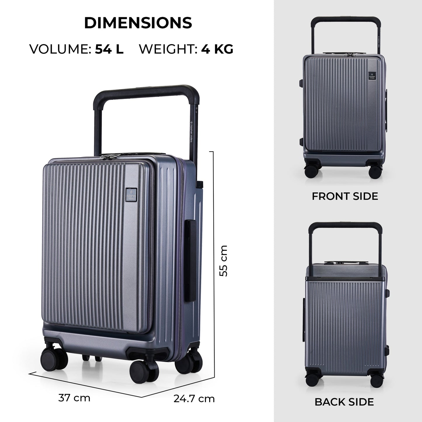 Nasher Miles Silicon Valley Hard-Sided Polycarbonate Cabin Wide Telescopic Handle 8 Spinner Wheels Luggage with Laptop Compartment Black 20 Inch |55Cm Trolley Bag