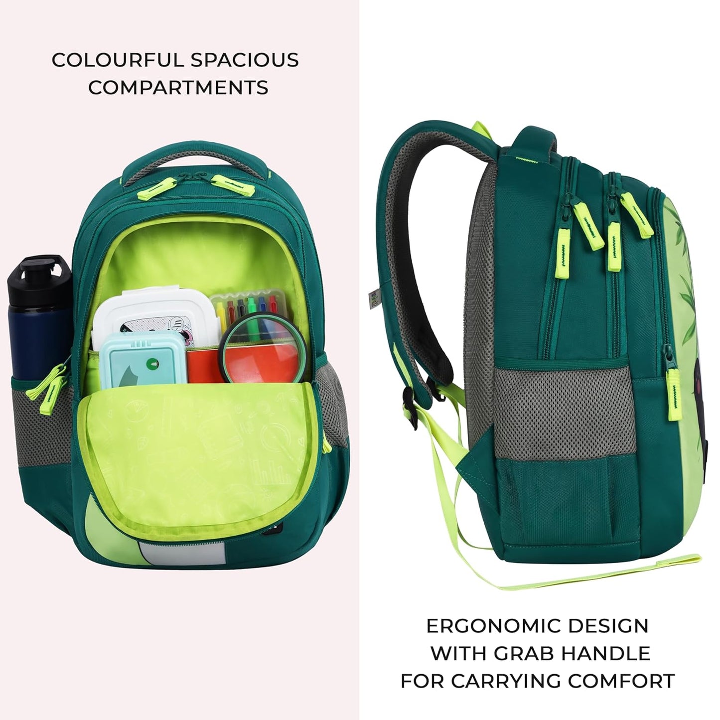 Gear Hello Panda 15"/20L Medium Water Resistant School Bag/Casual Backpack/Daypack/Travel Backpack/Kids Bag for Boys/Girls-Green || Lightweight, Comfortable & Functional