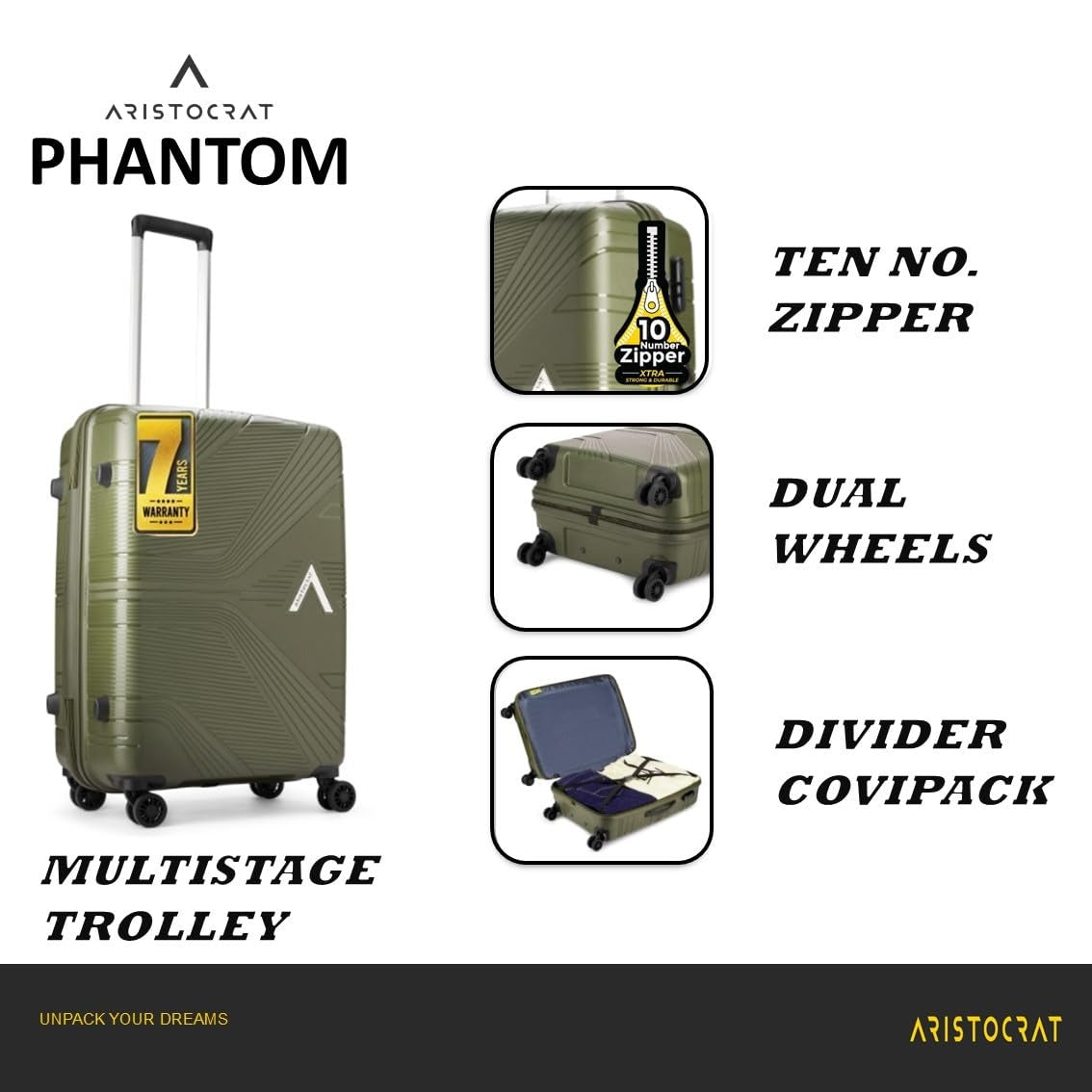 VIP Aristocrat Phantom 3Pc Luggage Set – Polypropylene Hard Shell Suitcases (55/66/76 cm) with 8 Spinner Wheels, Number Lock & 7-Year International Warranty (Green)