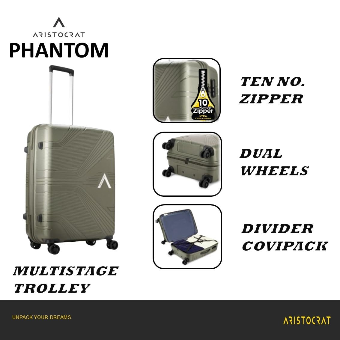 VIP Aristocrat Phantom 3Pc Luggage Set – Polypropylene Hard Shell Suitcases (55/66/76 cm) with 8 Spinner Wheels, Number Lock & 7-Year International Warranty (Green)