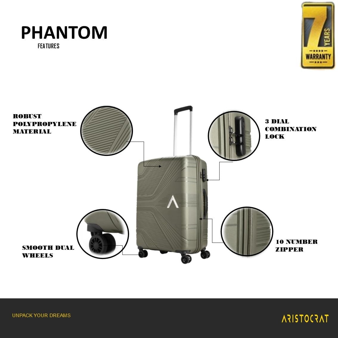 VIP Aristocrat Phantom 3Pc Luggage Set – Polypropylene Hard Shell Suitcases (55/66/76 cm) with 8 Spinner Wheels, Number Lock & 7-Year International Warranty (Green)