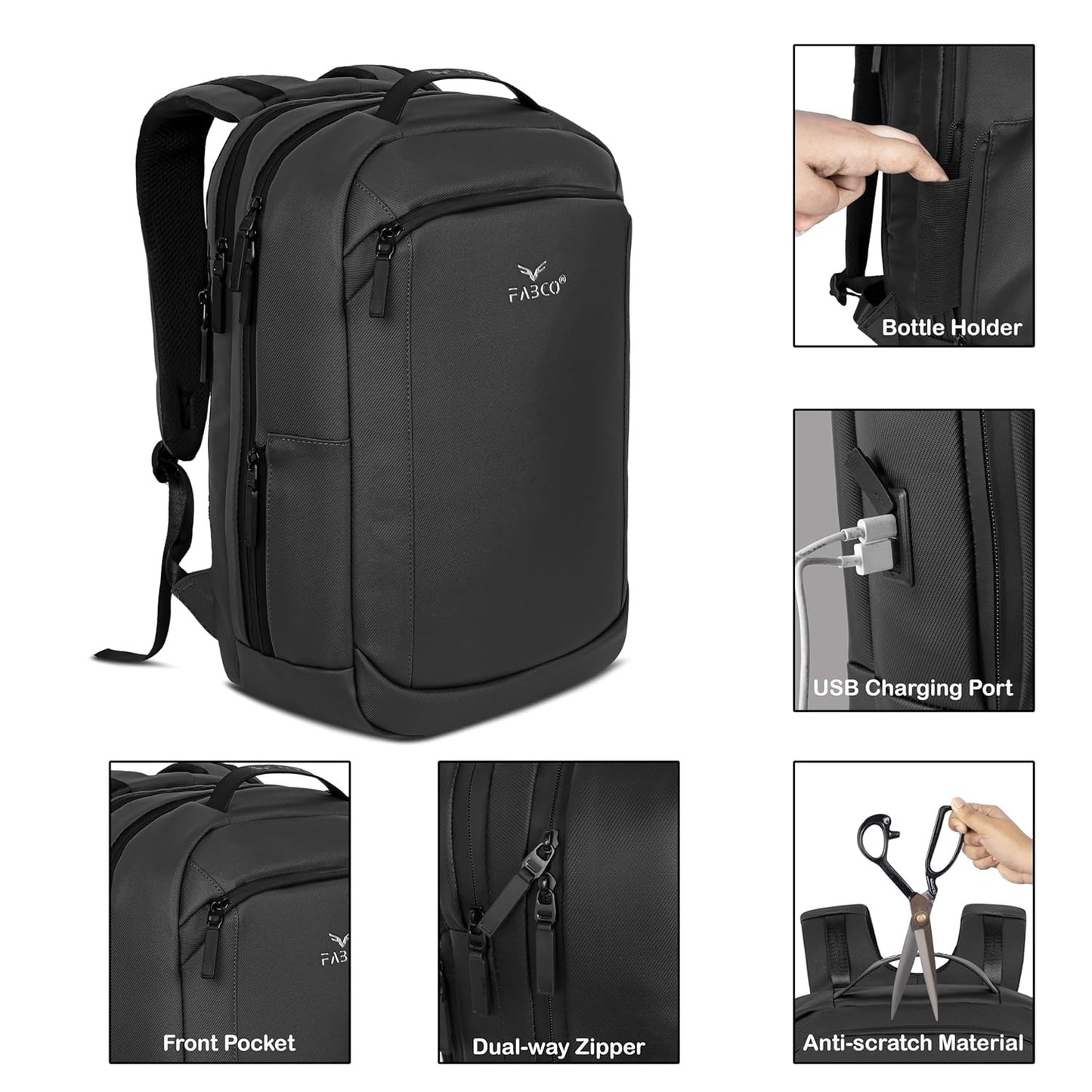 FABCO® Urban Pro 16-Inch Laptop Backpack | Waterproof Office Bag with USB Port, Anti-Theft Pockets & Trolley Strap