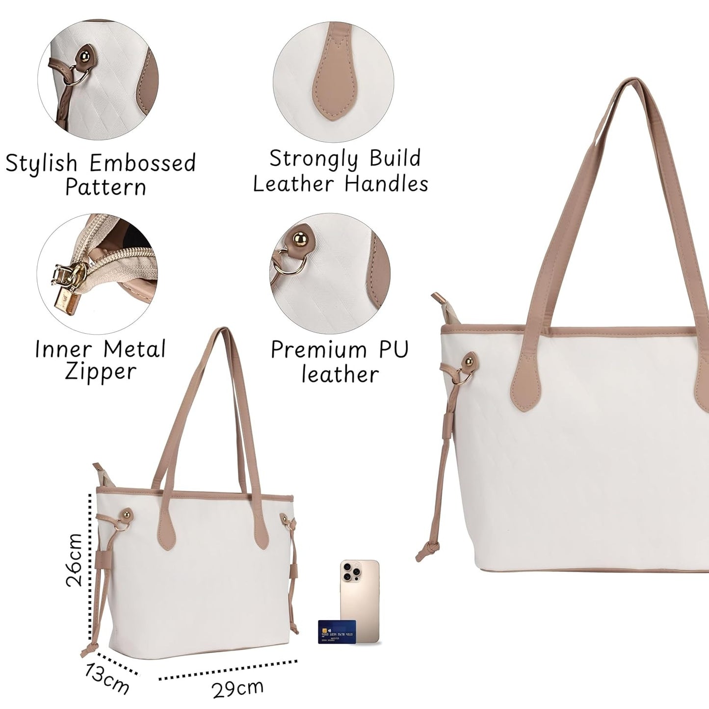 Women’s Quilted Tote Bag – Faux Leather Shoulder Handbag with Spacious Compartments & Elegant Contrast Design