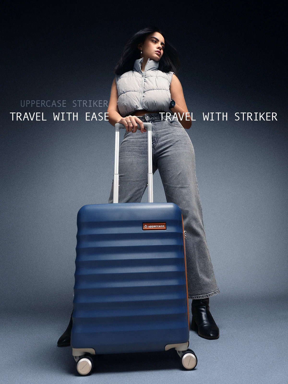 Striker Dark Blue Hard Trolley Bag (Small & Large) with TSA Lock & 8 Spinner Wheels