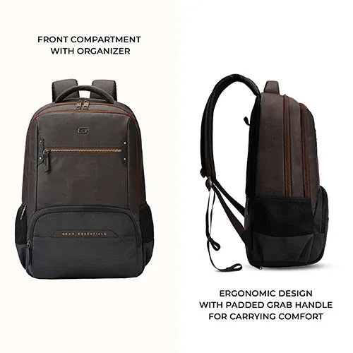 Gear Quantum 3 Anti-Theft Faux Leather Backpack 29L with Raincover – Brown Black