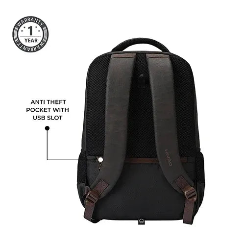 Gear Quantum 3 Anti-Theft Faux Leather Backpack 29L with Raincover – Brown Black