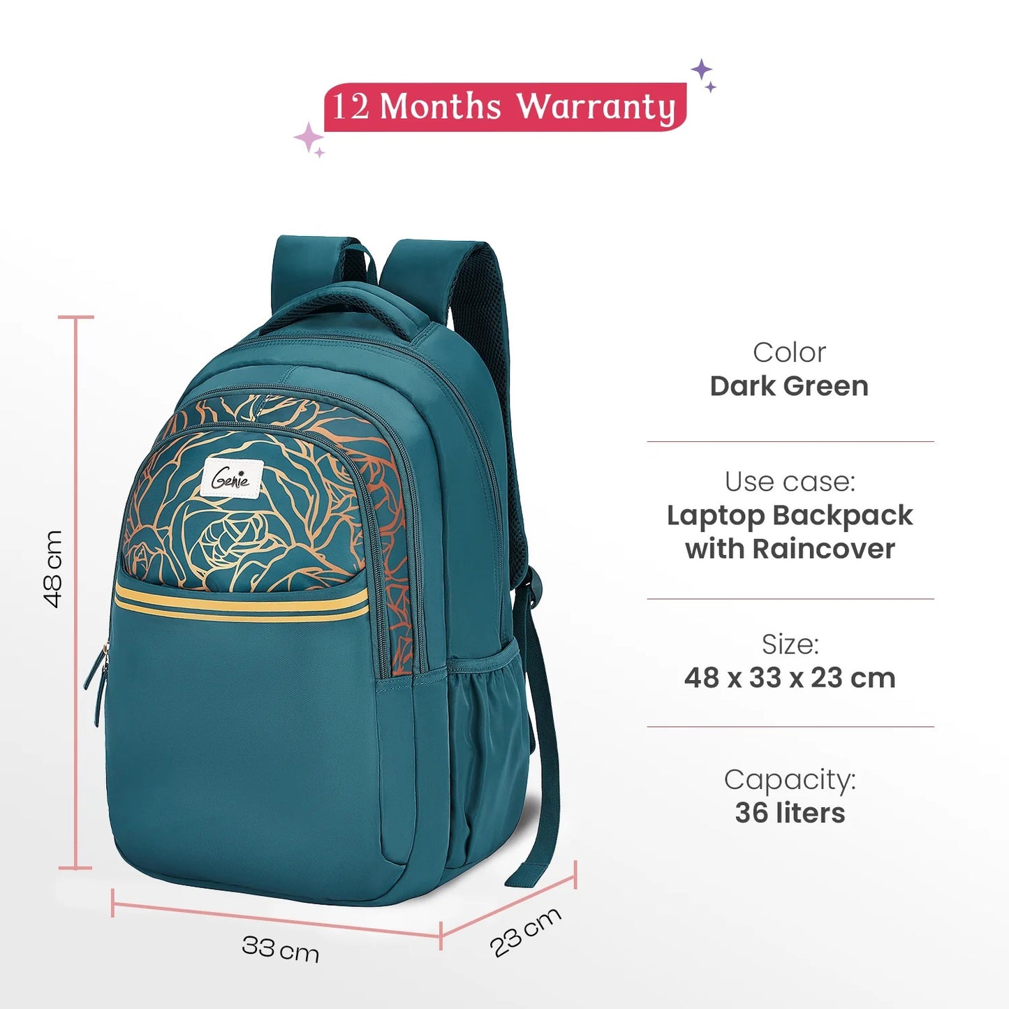 Glow 36L Black Laptop Backpack With Raincover (Black & Dark Green)