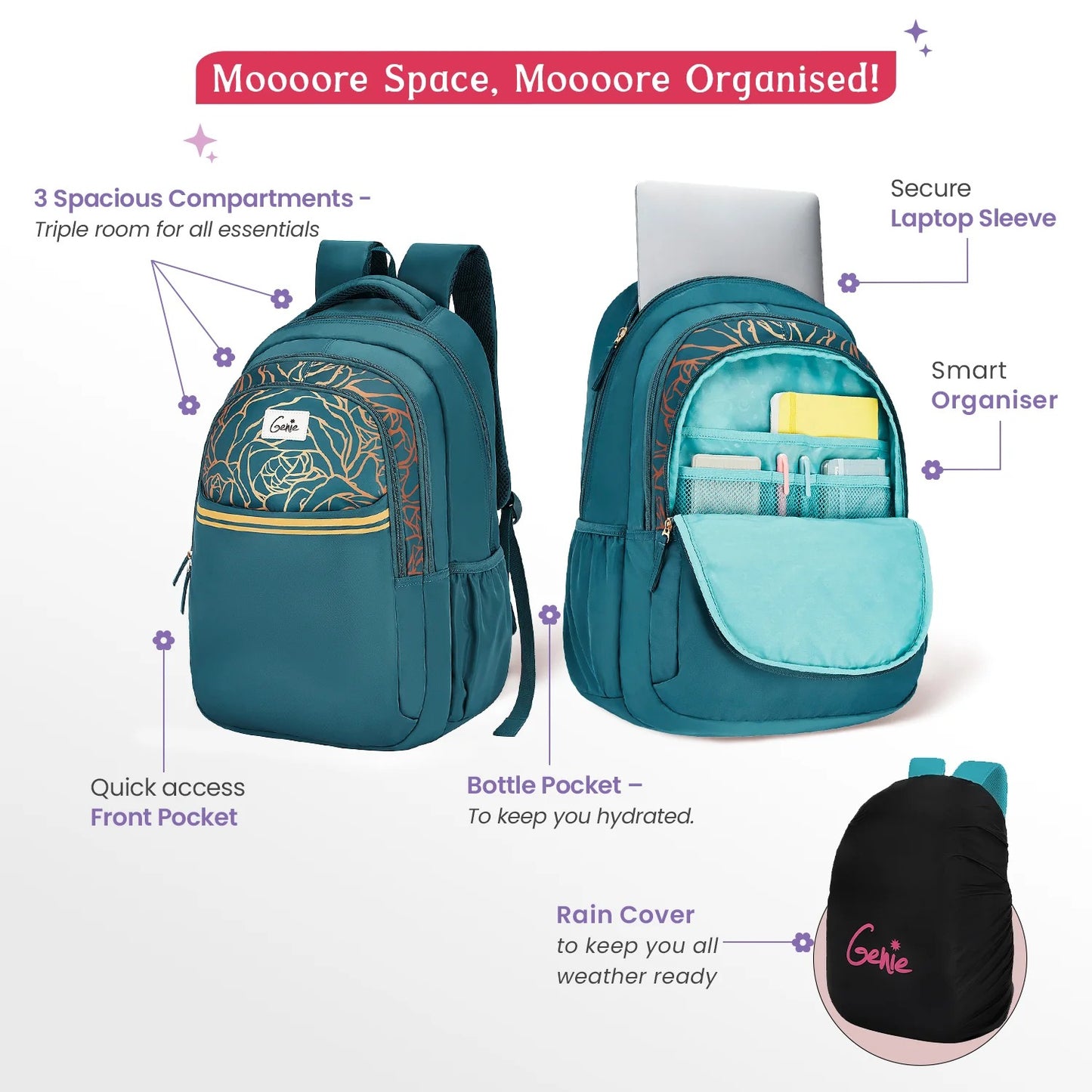 Glow 36L Black Laptop Backpack With Raincover (Black & Dark Green)