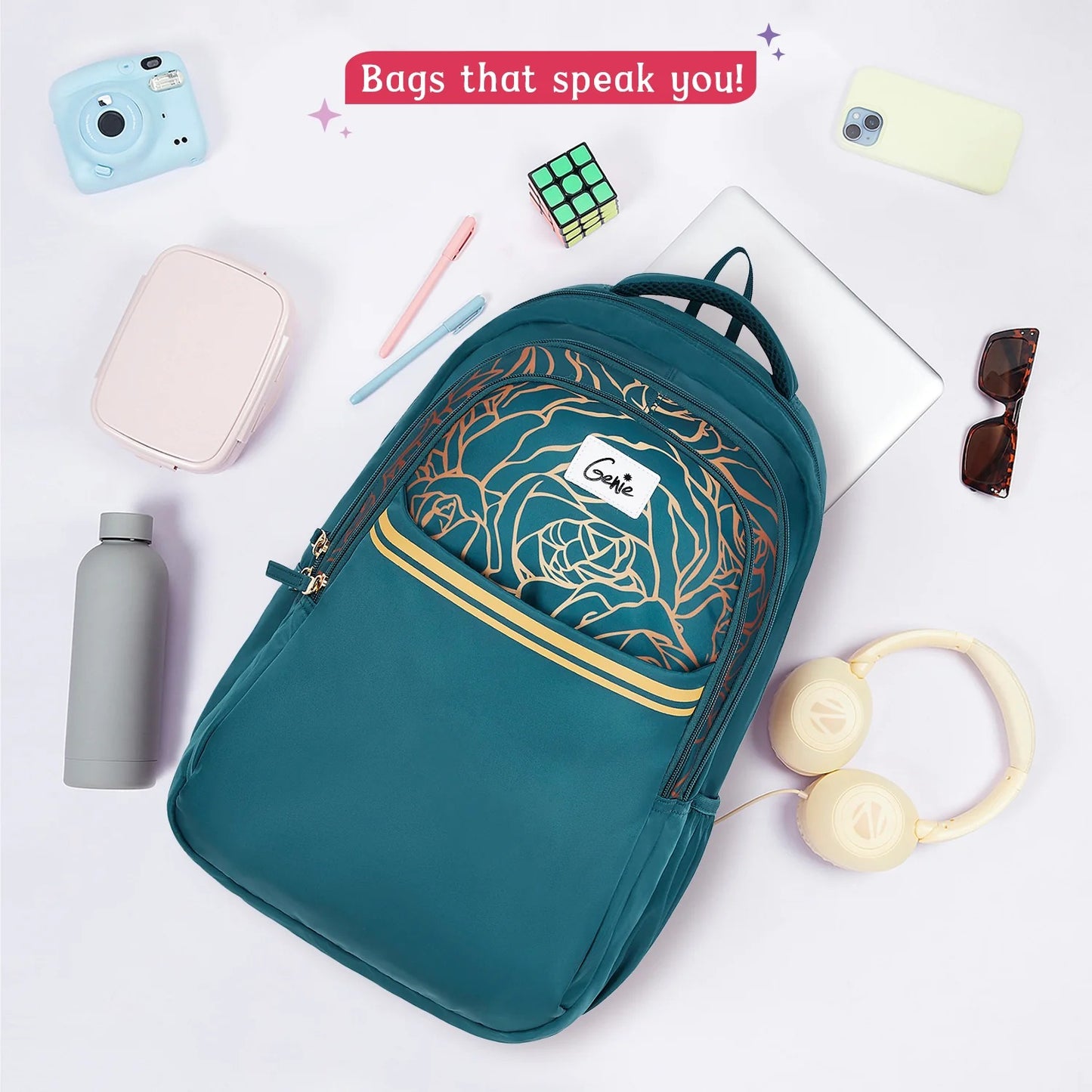 Glow 36L Black Laptop Backpack With Raincover (Black & Dark Green)
