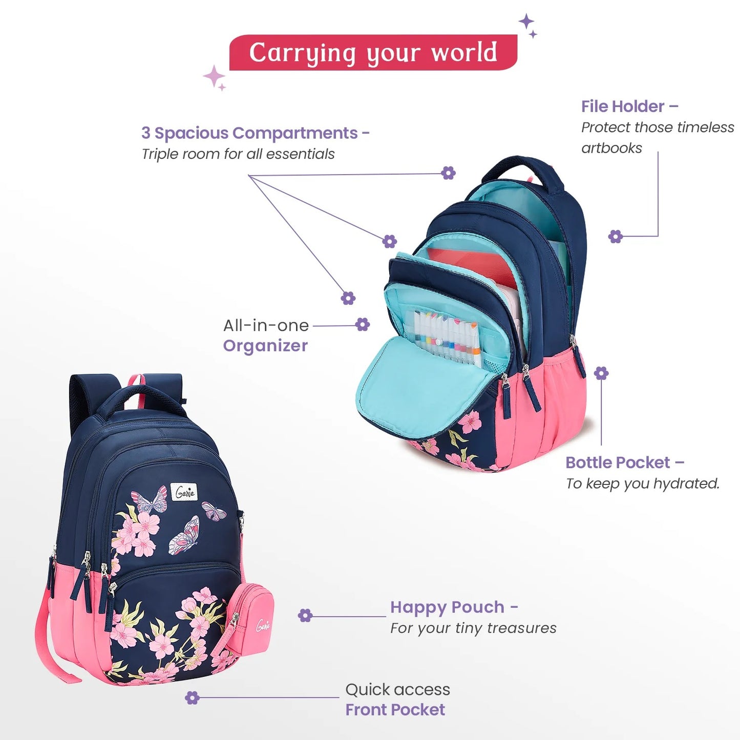 Genie Lilac 27L School Backpack (Navy Blue & Dark Green)