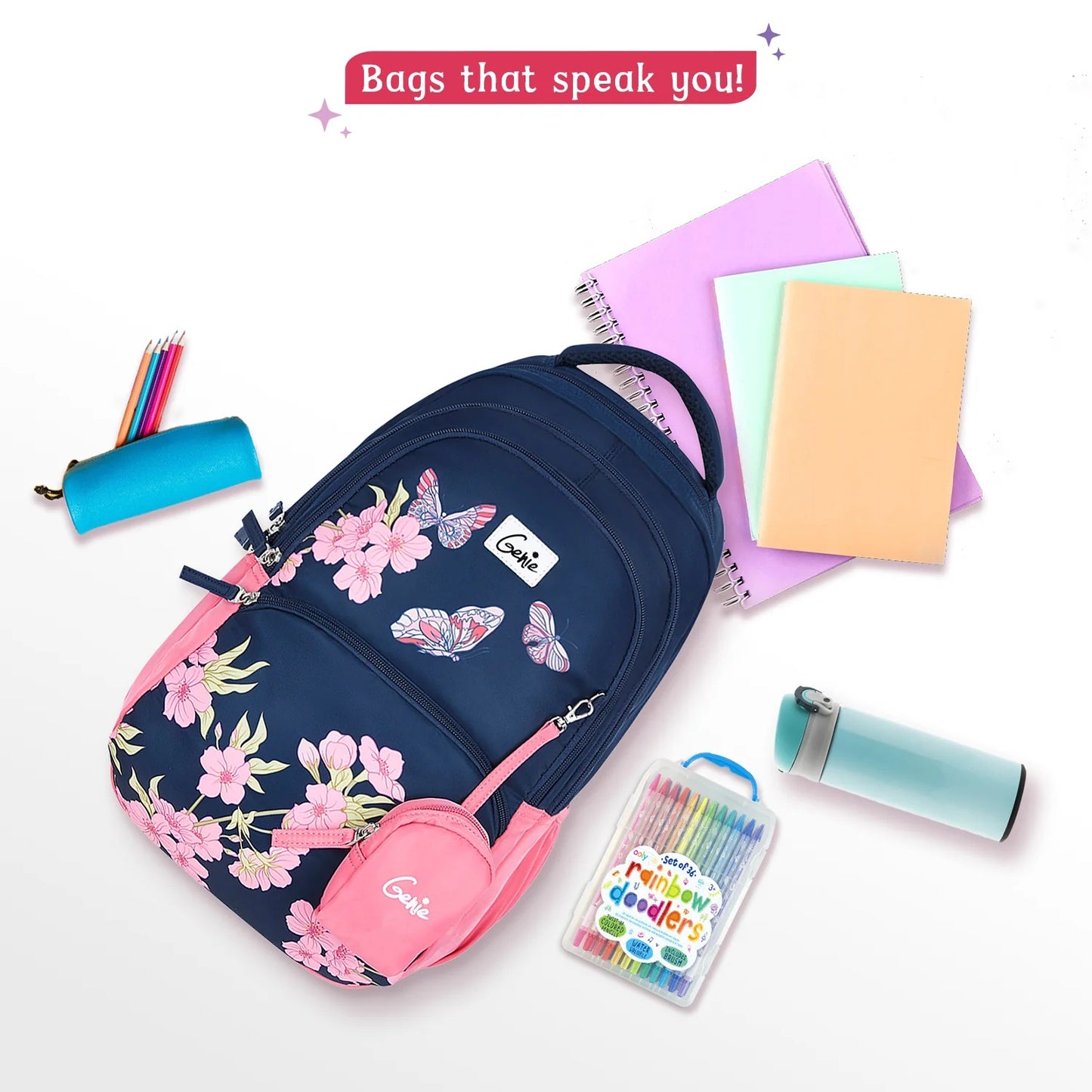 Genie Lilac 27L School Backpack (Navy Blue & Dark Green)