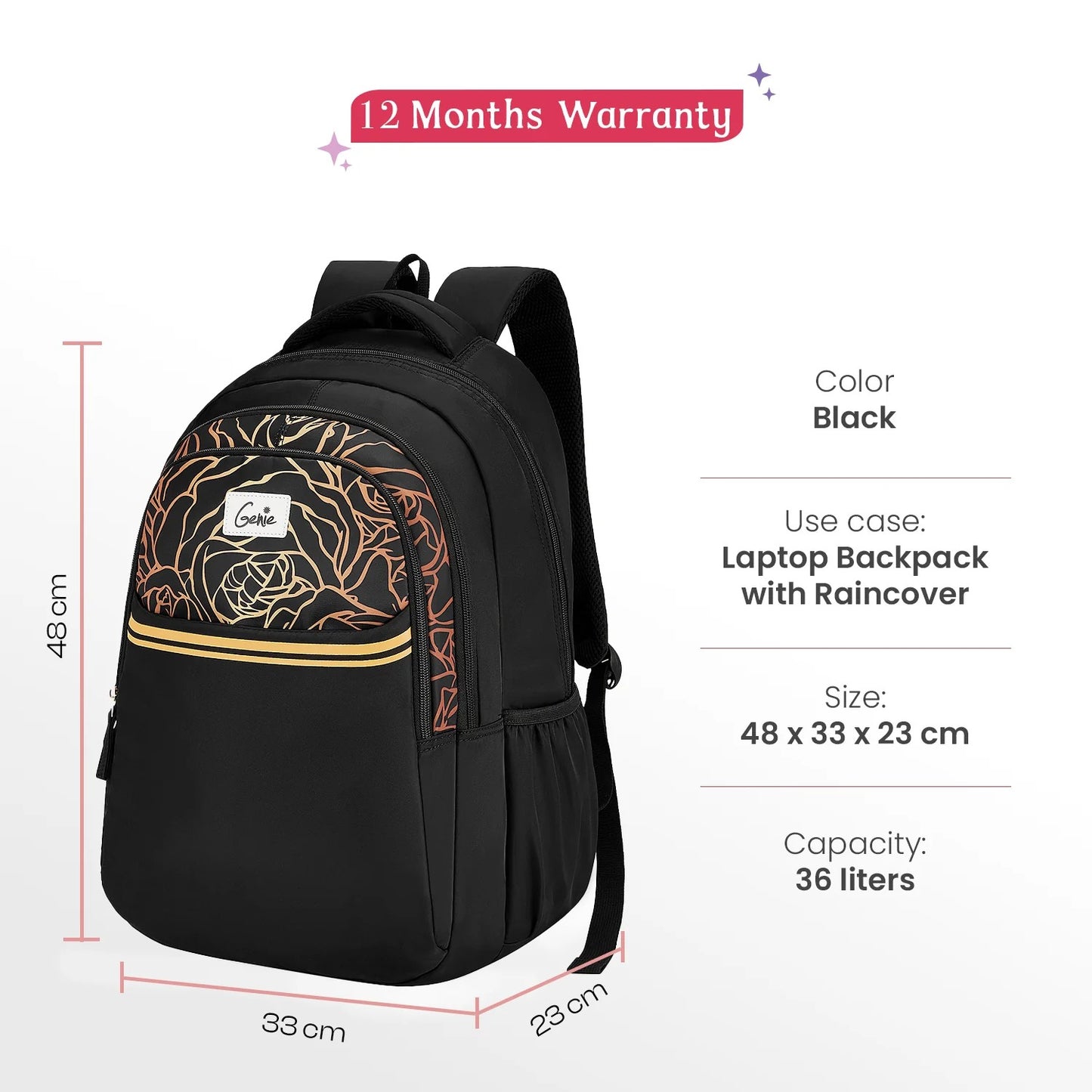 Glow 36L Black Laptop Backpack With Raincover (Black & Dark Green)