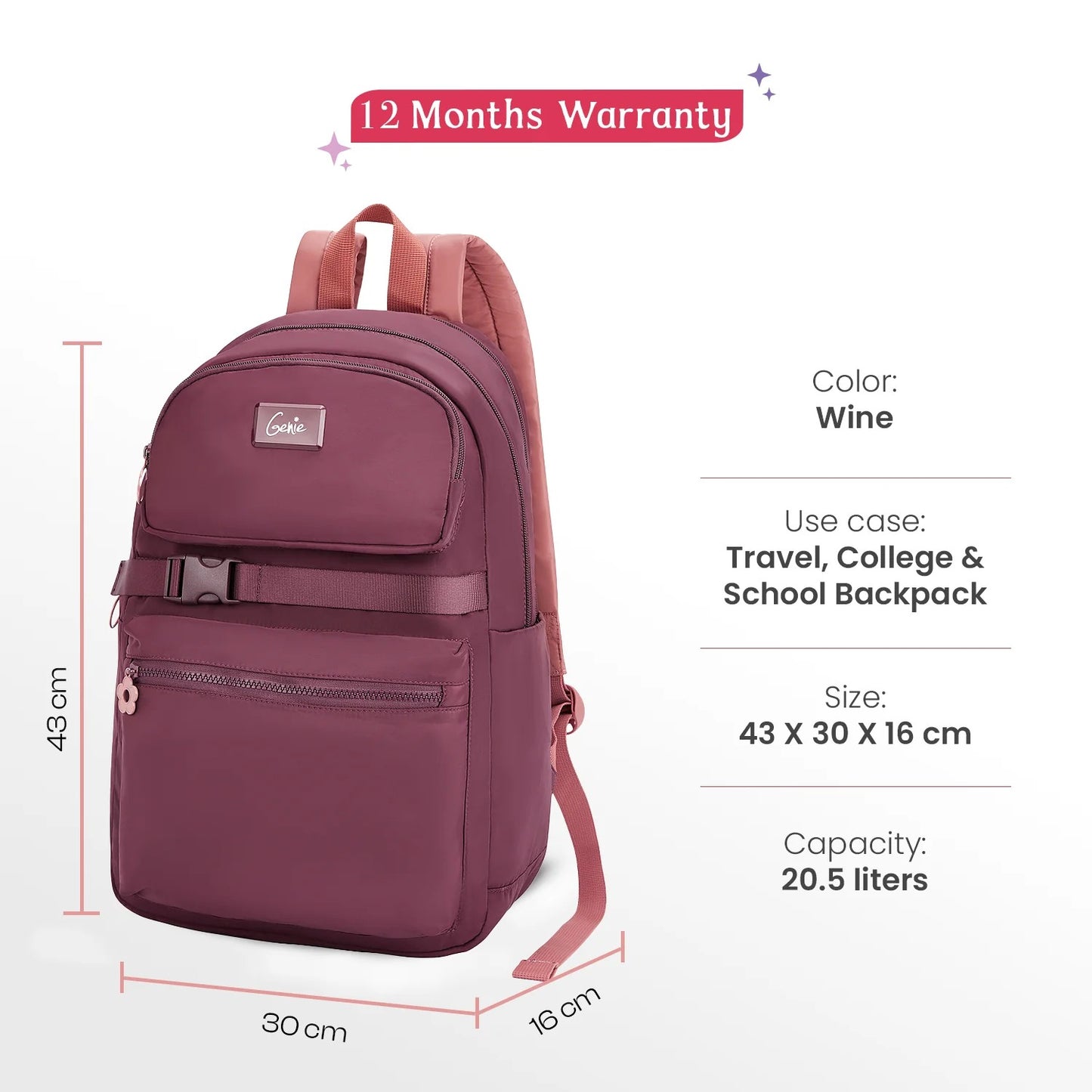 Genie Maple 21L Wine College Backpack With Laptop Sleeve