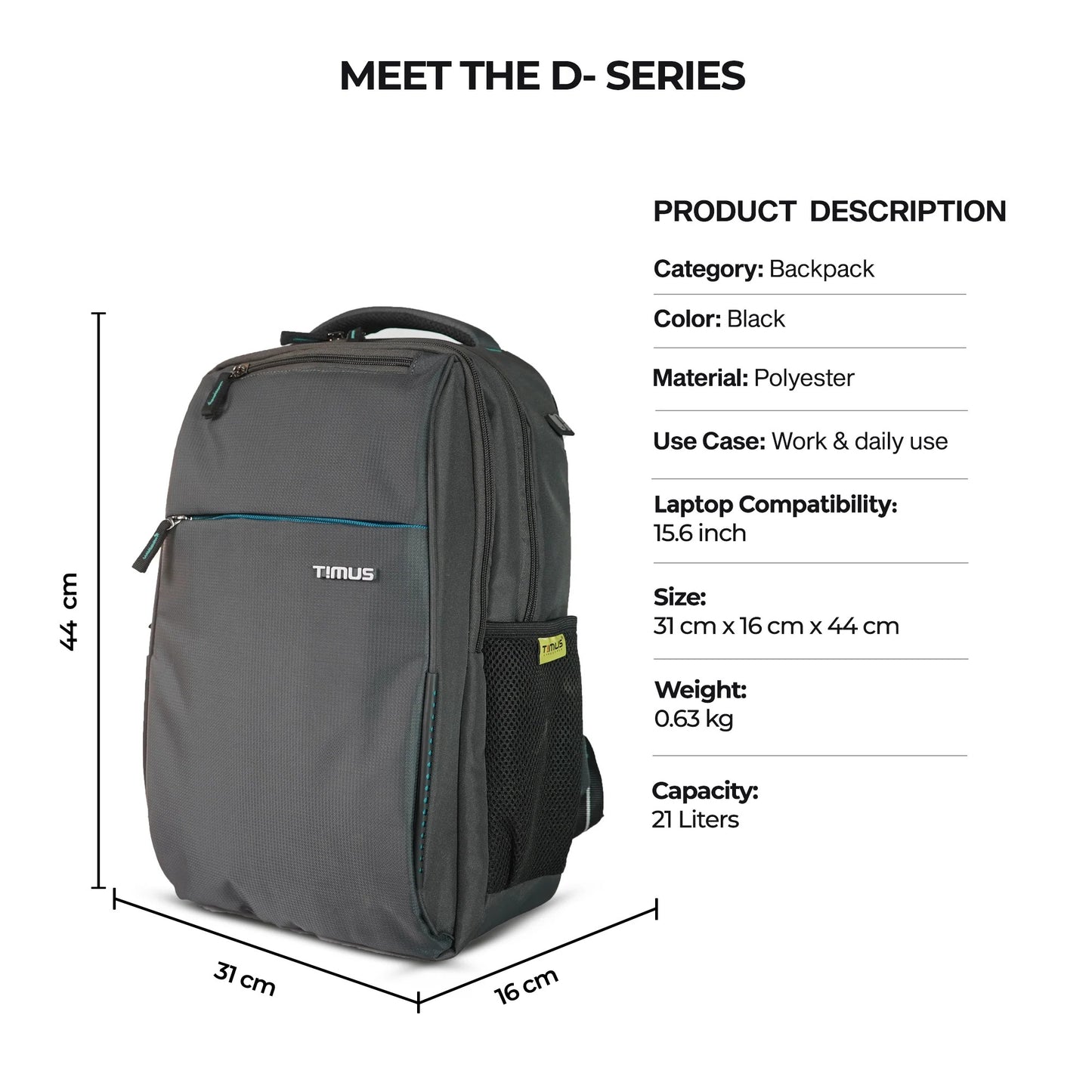 Timus Cyprus Business Smart Premium Polyester Backpack -21L | Fits Upto 15.6-inch Laptop with Ventilated Back Panel, Travel Durable Bag Ideal for Office, Travel, School