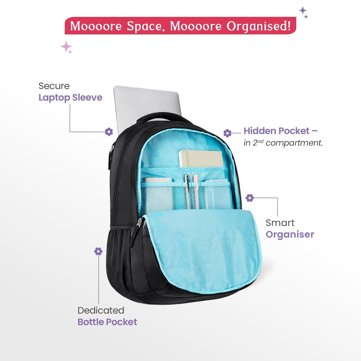 Genie School Backpack For Girls |19 In-40 Ltr with Laptop Sleeve, Rain Cover and Three Compartments with Padded Shoulders |Best for Books,Stationery,Lunch Box & Essentials