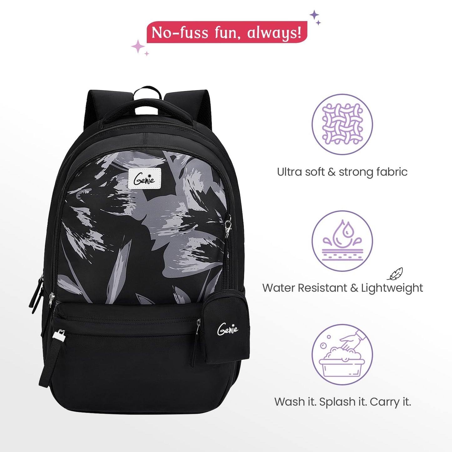 Genie School Backpack For Girls |19 In-40 Ltr with Laptop Sleeve, Rain Cover and Three Compartments with Padded Shoulders |Best for Books,Stationery,Lunch Box & Essentials