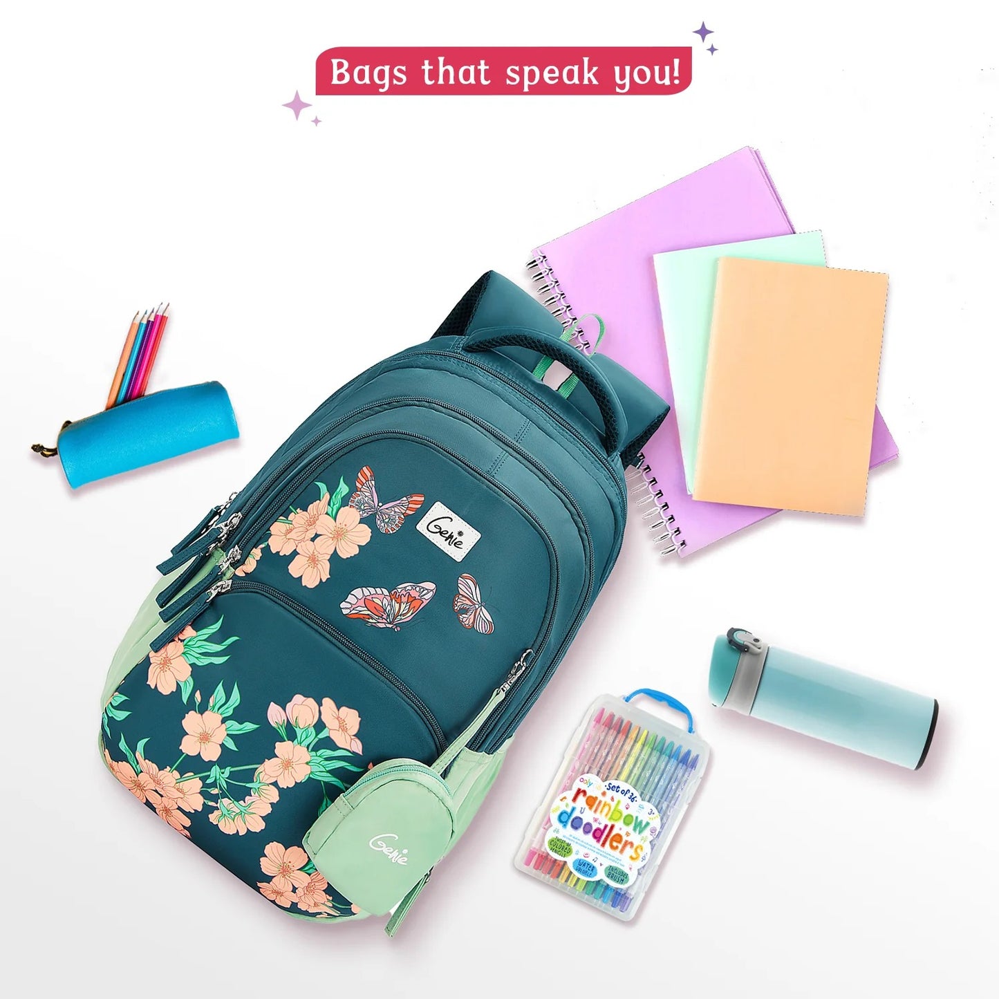 Genie Lilac 27L School Backpack (Navy Blue & Dark Green)