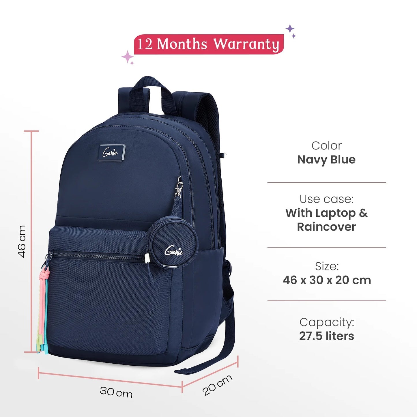 Genie Sleek 28L Navy Blue Laptop Backpack With Raincover