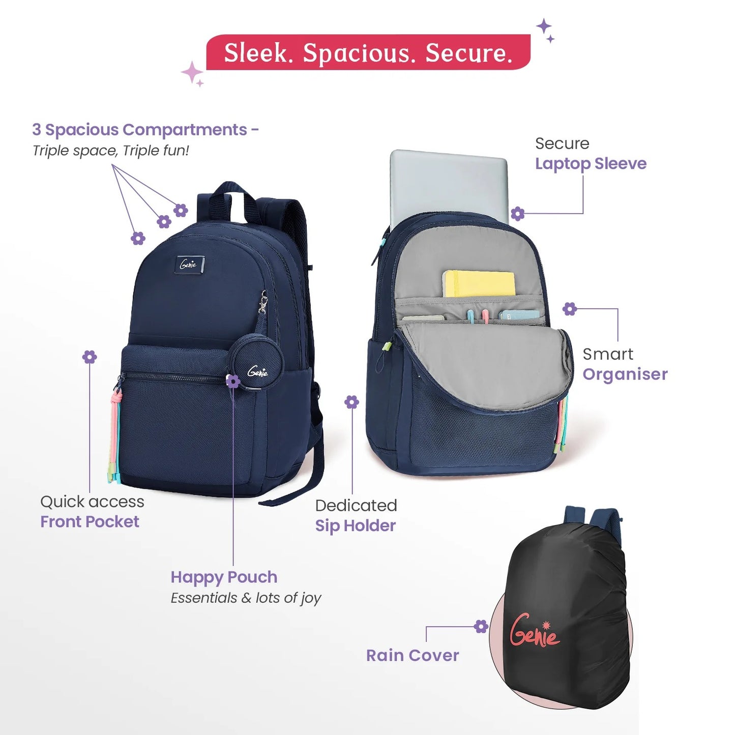 Genie Sleek 28L Navy Blue Laptop Backpack With Raincover