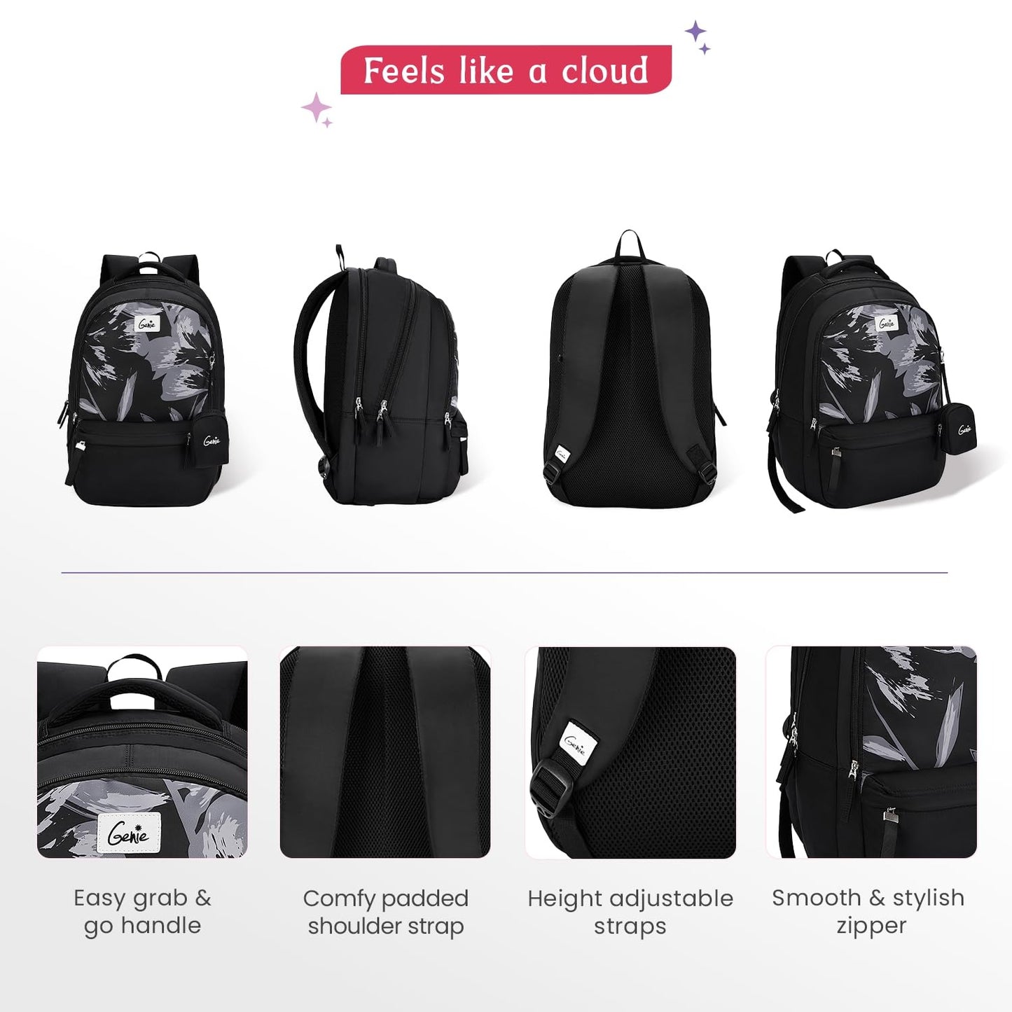 Genie School Backpack For Girls |19 In-40 Ltr with Laptop Sleeve, Rain Cover and Three Compartments with Padded Shoulders |Best for Books,Stationery,Lunch Box & Essentials
