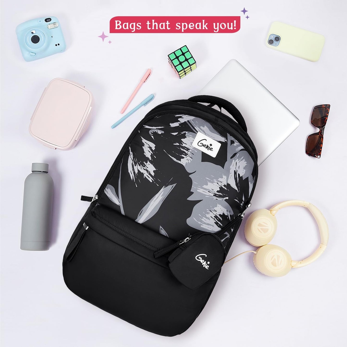Genie School Backpack For Girls |19 In-40 Ltr with Laptop Sleeve, Rain Cover and Three Compartments with Padded Shoulders |Best for Books,Stationery,Lunch Box & Essentials
