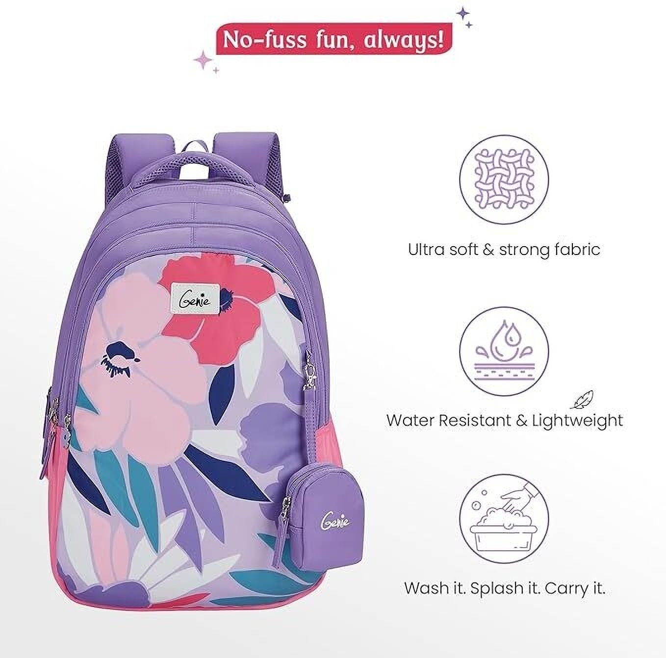 Genie Alice Lavender School Backpack for girls, 19” 3 compartment with happy pouch Waterproof School Bag (Purple, 36 L)