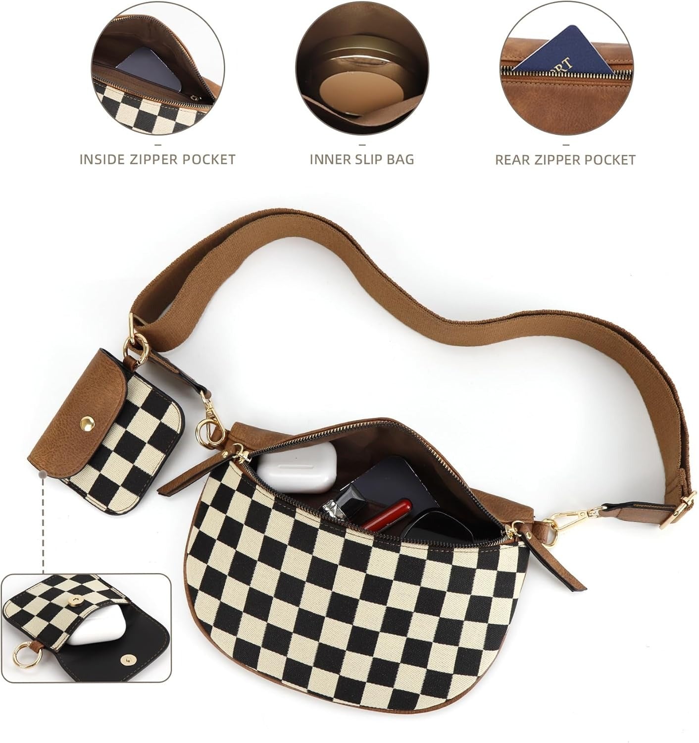 Women’s Checkered Crossbody Sling Bag – Canvas Fanny Pack with Adjustable Strap & Coin Pouch | Side Ring Bag