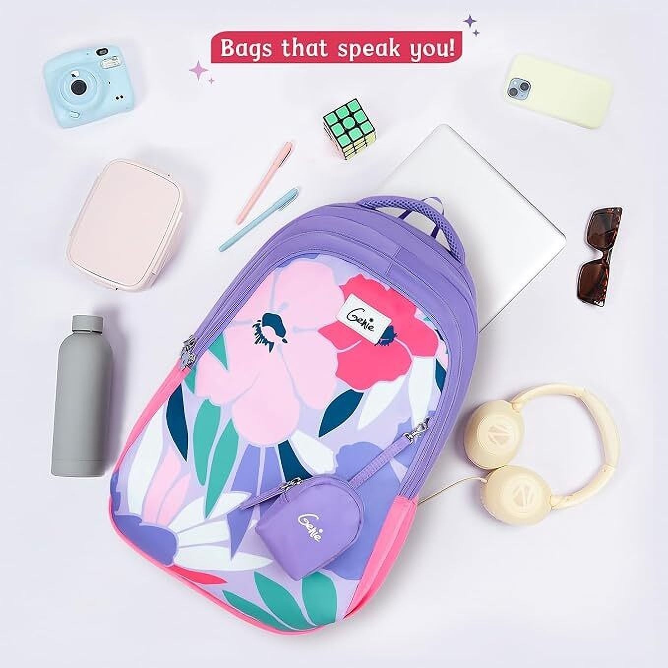 Genie Alice Lavender School Backpack for girls, 19” 3 compartment with happy pouch Waterproof School Bag (Purple, 36 L)