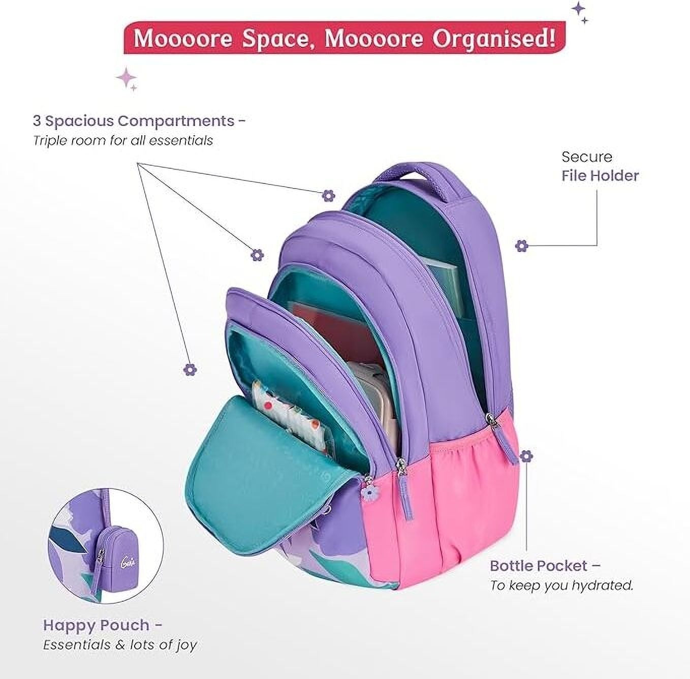Genie Alice Lavender School Backpack for girls, 19” 3 compartment with happy pouch Waterproof School Bag (Purple, 36 L)