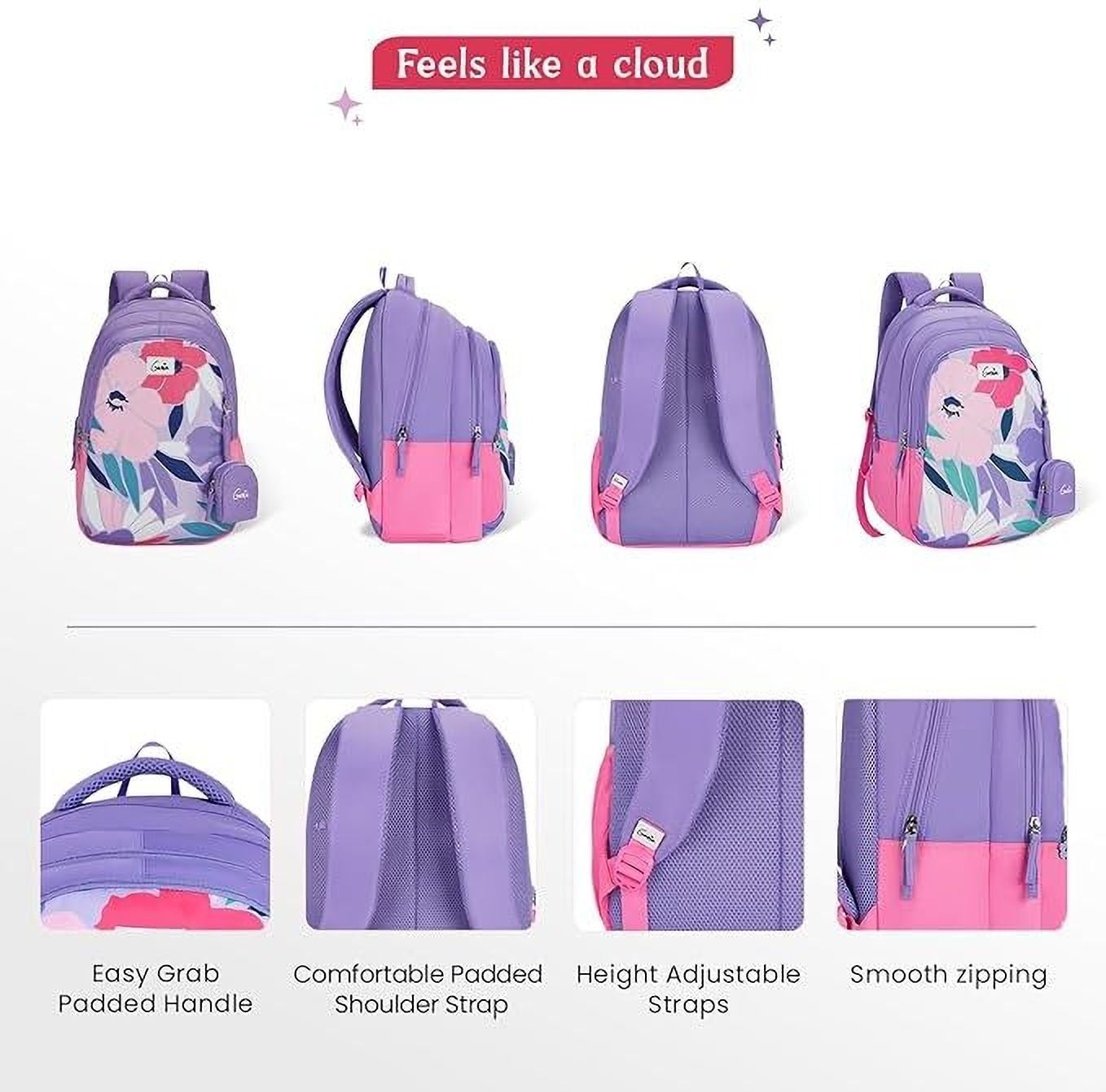 Genie Alice Lavender School Backpack for girls, 19” 3 compartment with happy pouch Waterproof School Bag (Purple, 36 L)