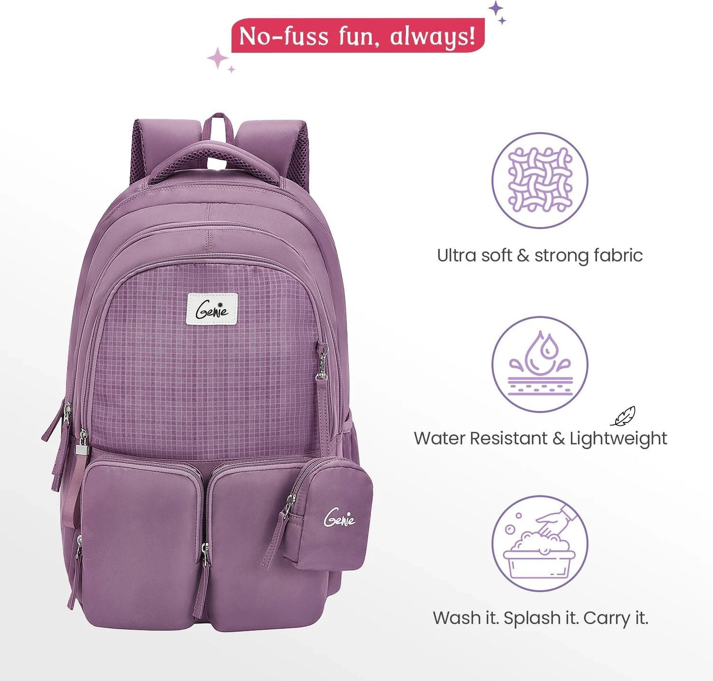 Genie ARIANA Wine School Backpack for Girls |19 In-36 Ltr with Three Compartments, Side Pockets and Light Weight