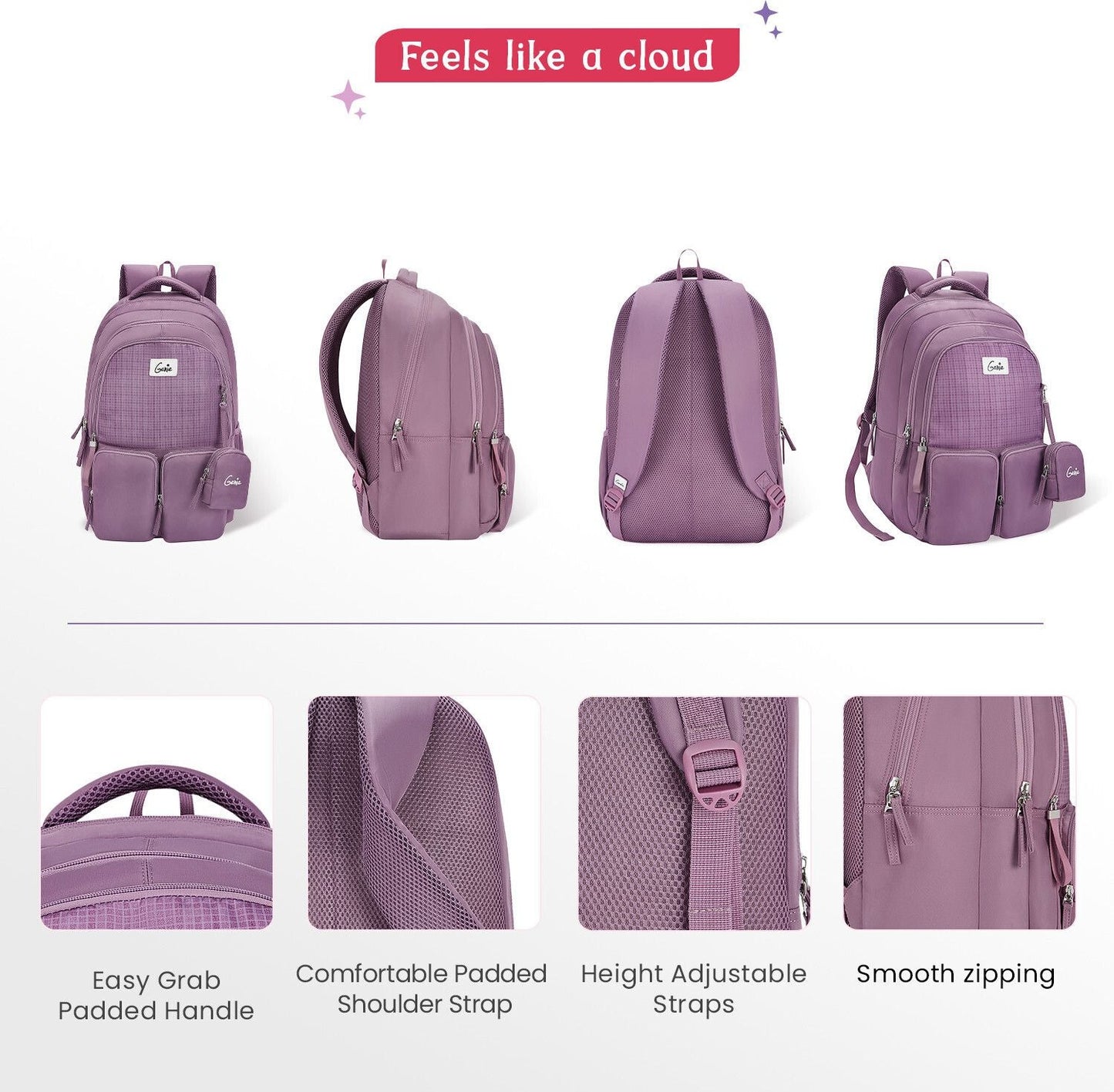Genie ARIANA Wine School Backpack for Girls |19 In-36 Ltr with Three Compartments, Side Pockets and Light Weight