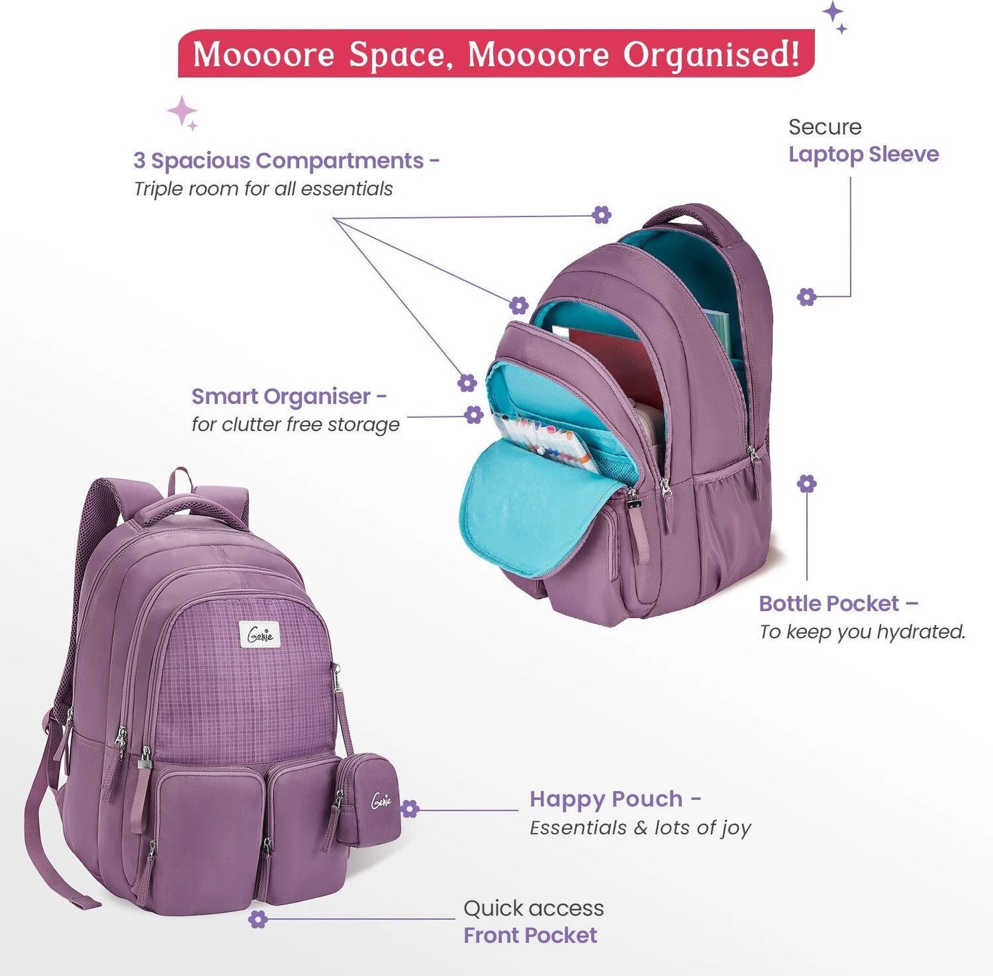 Genie ARIANA Wine School Backpack for Girls |19 In-36 Ltr with Three Compartments, Side Pockets and Light Weight