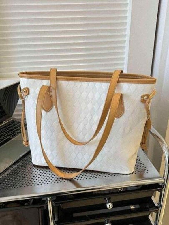 Women’s Quilted Tote Bag – Faux Leather Shoulder Handbag with Spacious Compartments & Elegant Contrast Design