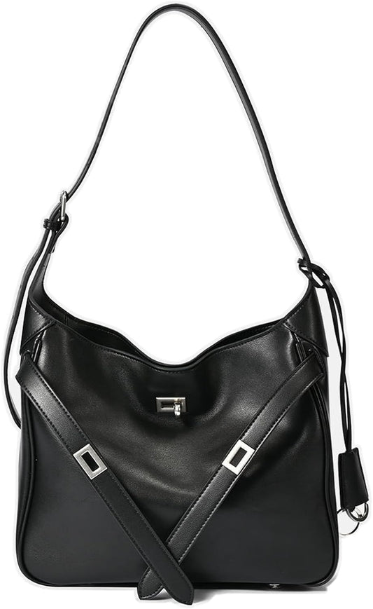 Women’s PU Leather Shoulder Bag – Medium Crossbody Handbag with Twist Lock, Adjustable Strap & Nylon Lining