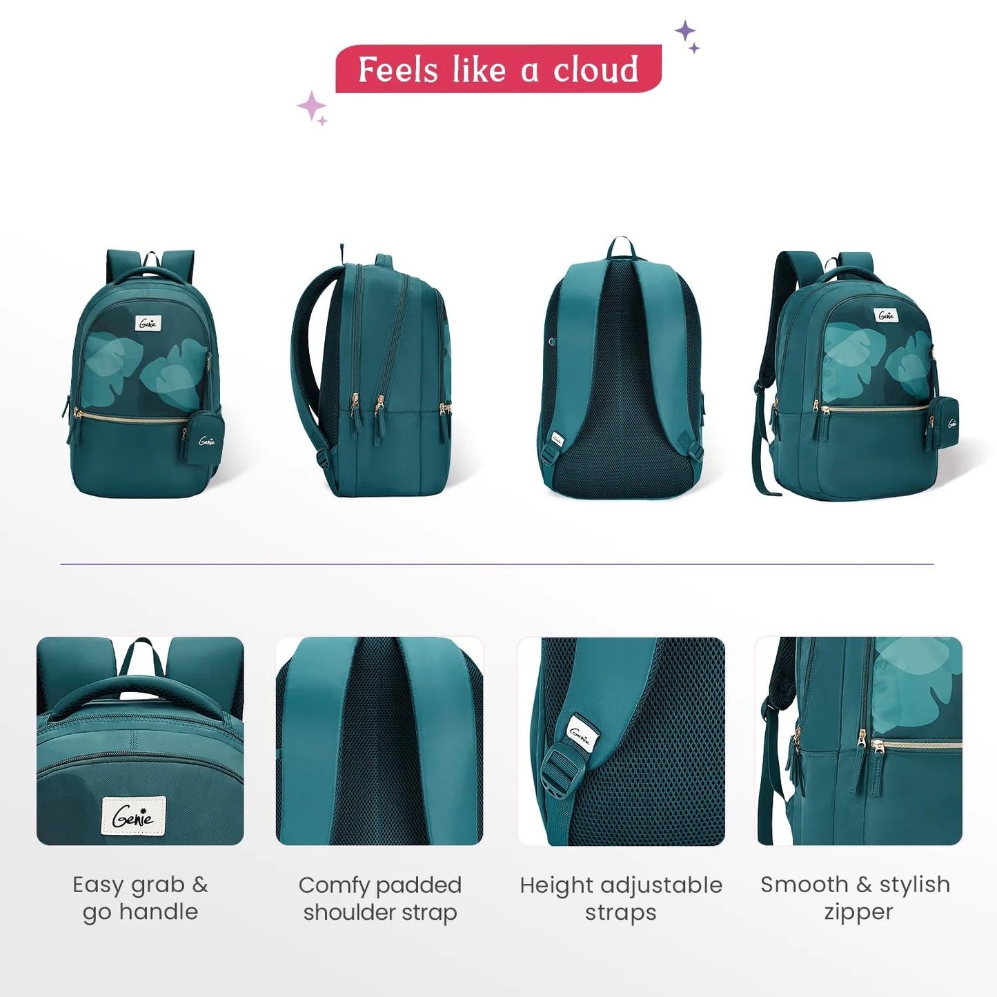 Genie ESTHER School Backpack for Girls |19 In-36 Ltr with Three Compartments, Side Pockets and Light Weight with Padded Shoulders