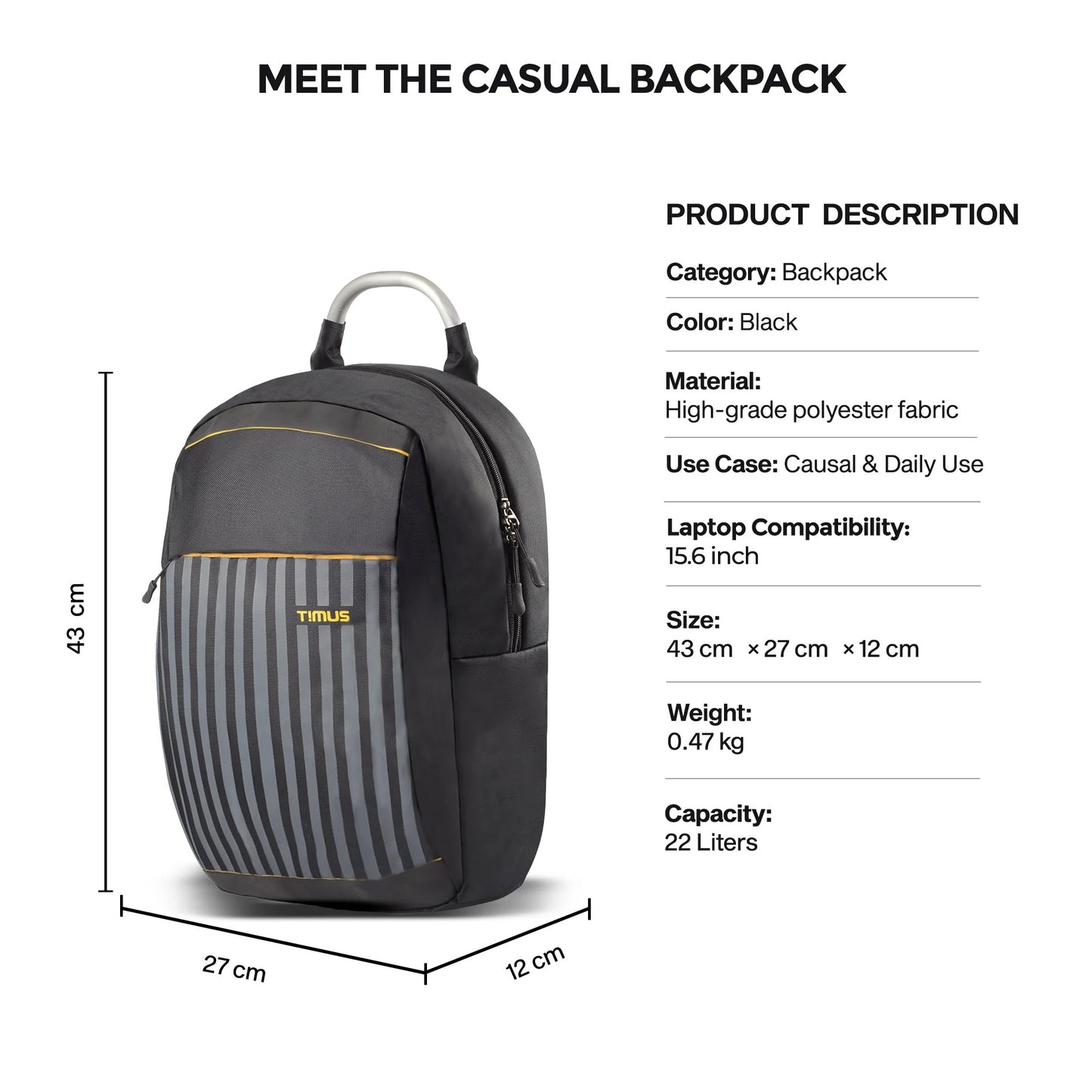 Timus Spain Backpack for Men & Women - 18 Liter | Water-Resistant Premium Polyester Backpack with Padded Laptop Compartment (fits upto 15.6 inches) | Lightweight Travel Bag (Black) color