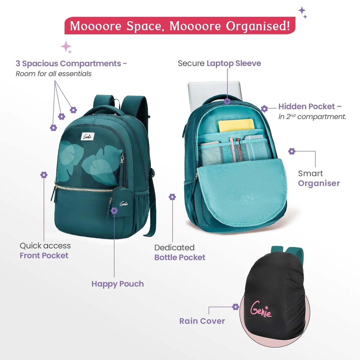 Genie ESTHER School Backpack for Girls |19 In-36 Ltr with Three Compartments, Side Pockets and Light Weight with Padded Shoulders