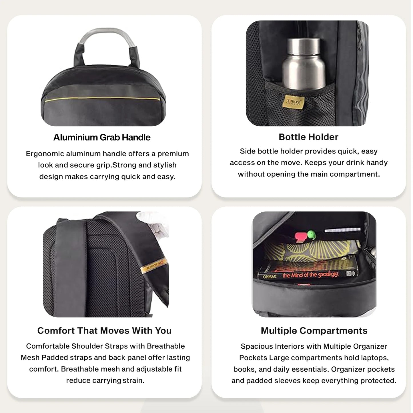 Timus Spain Backpack for Men & Women - 18 Liter | Water-Resistant Premium Polyester Backpack with Padded Laptop Compartment (fits upto 15.6 inches) | Lightweight Travel Bag (Black) color
