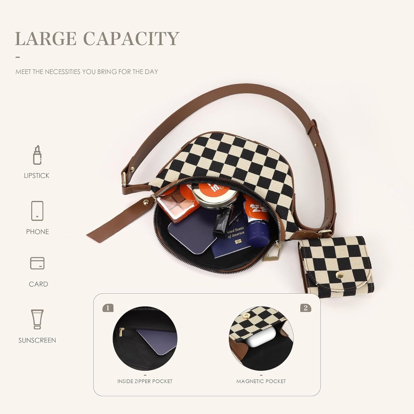 Women’s Checkered Crossbody Sling Bag – Canvas Fanny Pack with Adjustable Strap & Coin Pouch | Side Ring Bag