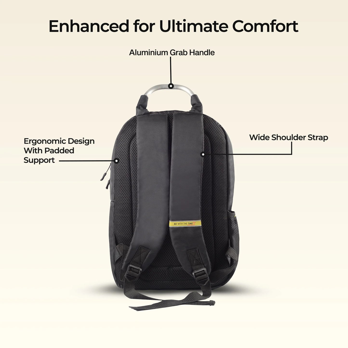 Timus Spain Backpack for Men & Women - 18 Liter | Water-Resistant Premium Polyester Backpack with Padded Laptop Compartment (fits upto 15.6 inches) | Lightweight Travel Bag (Black) color