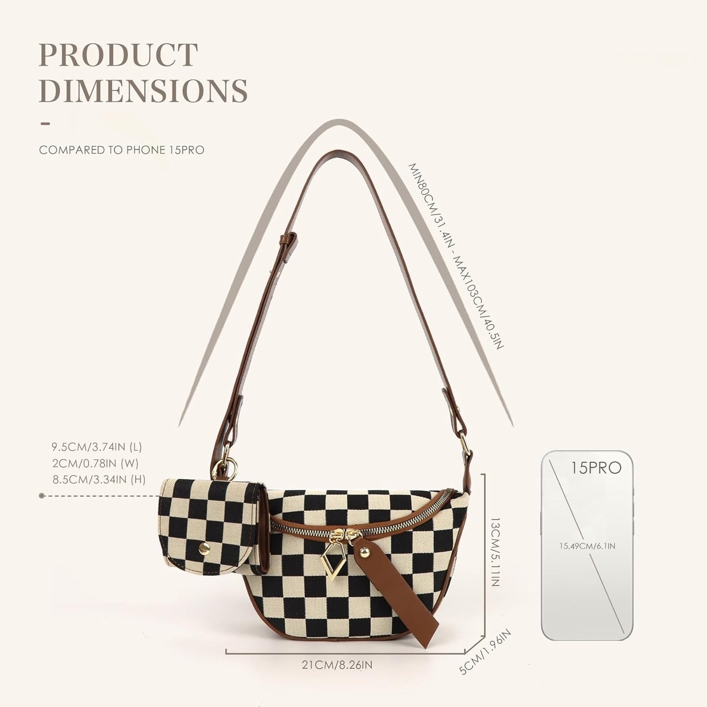 Women’s Checkered Crossbody Sling Bag – Canvas Fanny Pack with Adjustable Strap & Coin Pouch | Side Ring Bag