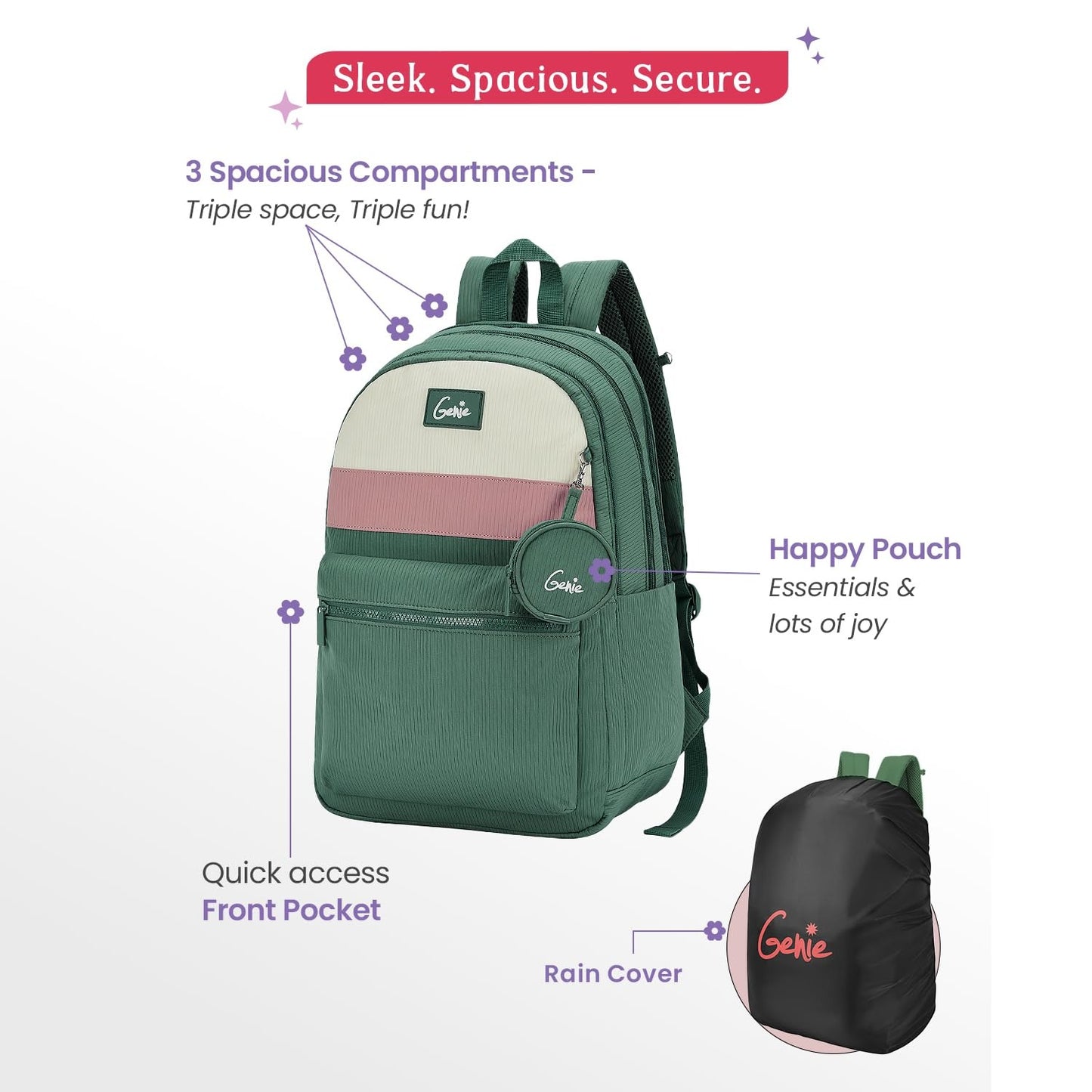 Genie Essence Casual Backpack For Girls |18 In-27Ltr with Laptop Sleeve, Rain Cover and Three Compartments