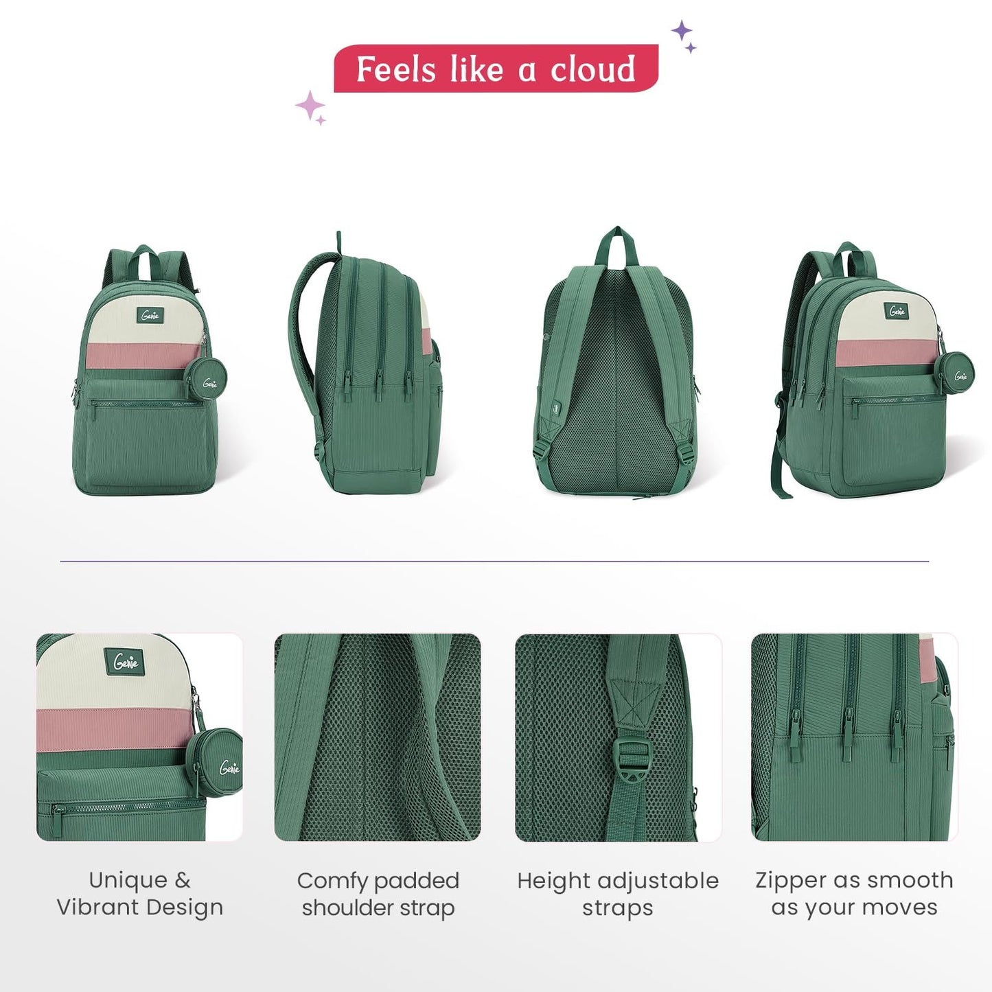 Genie Essence Casual Backpack For Girls |18 In-27Ltr with Laptop Sleeve, Rain Cover and Three Compartments