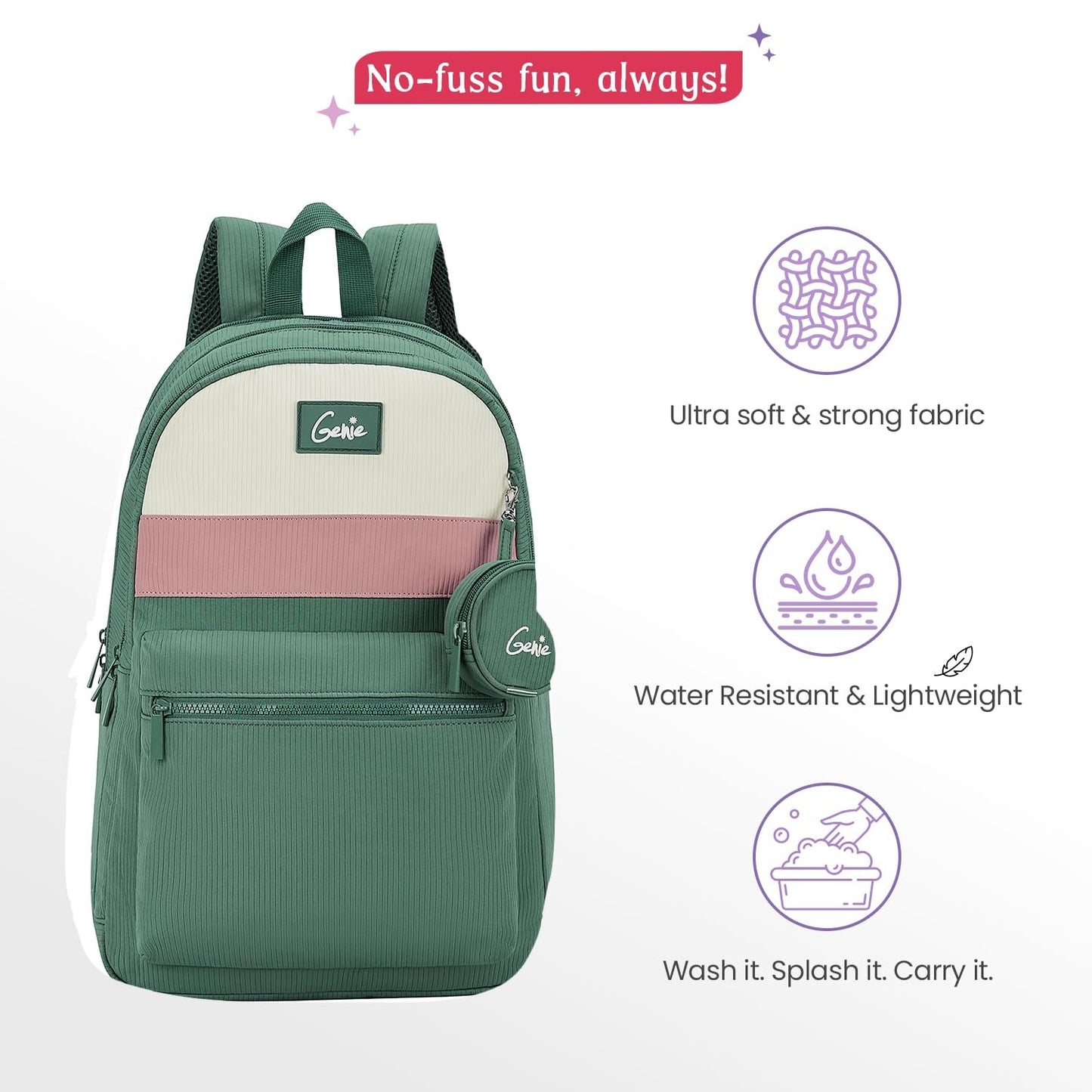 Genie Essence Casual Backpack For Girls |18 In-27Ltr with Laptop Sleeve, Rain Cover and Three Compartments