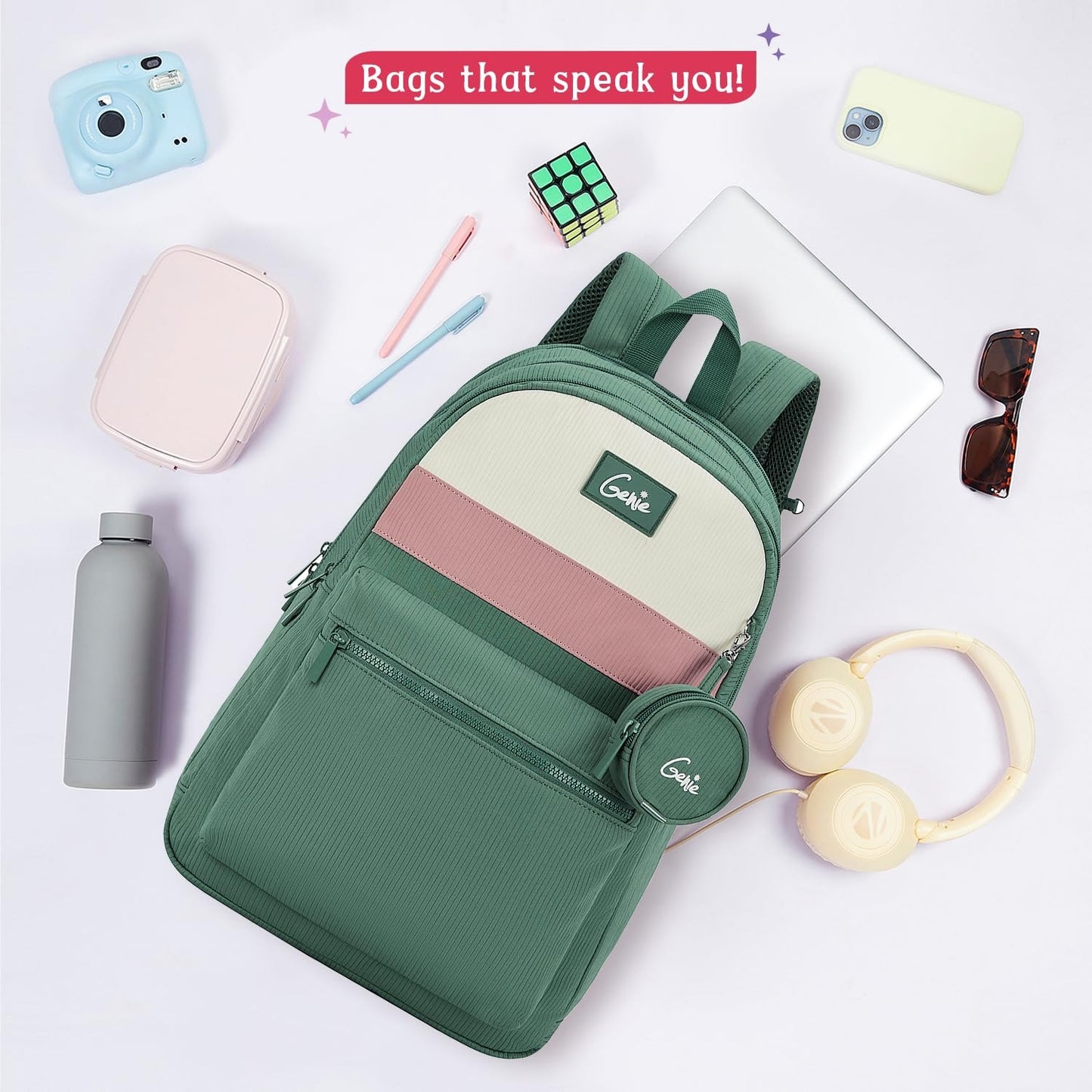 Genie Essence Casual Backpack For Girls |18 In-27Ltr with Laptop Sleeve, Rain Cover and Three Compartments